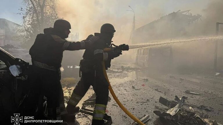 Russian drone hits Kyiv-Warsaw train near Polish border Ukrainian rescuers extinguish a fire after an air attack in Pavlograd (file photo)