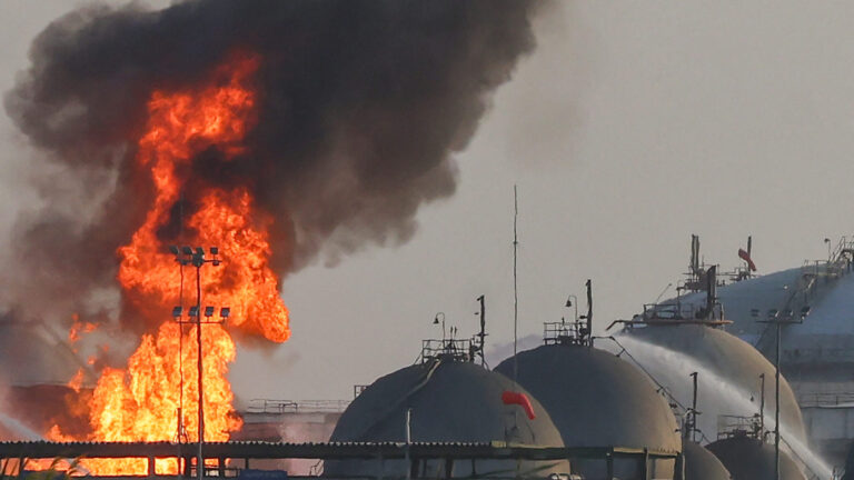 Flames at an Aramco facility south of Riyadh on October 3, 2026 (AFP)