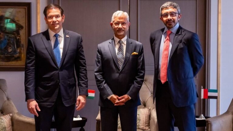 US Secretary of State Marco Rubio, Indian External Affairs Minister S Jaishankar and UAE Foreign Minister Sheikh Abdullah bin Zayed Al Nahyan in Mumbai