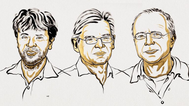 Illustration of 2026 Nobel medicine laureates Karl Deisseroth, Peter Hegemann and Georg Nagel