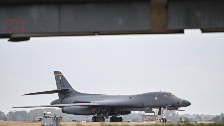 A US Air Force B-1 Lancer bomber on the tarmac at RAF Fairford in south-west England